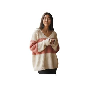 POPSUGAR CREAM & PINK DISTRESSED HEM SWEATER SZ.XL EUC.